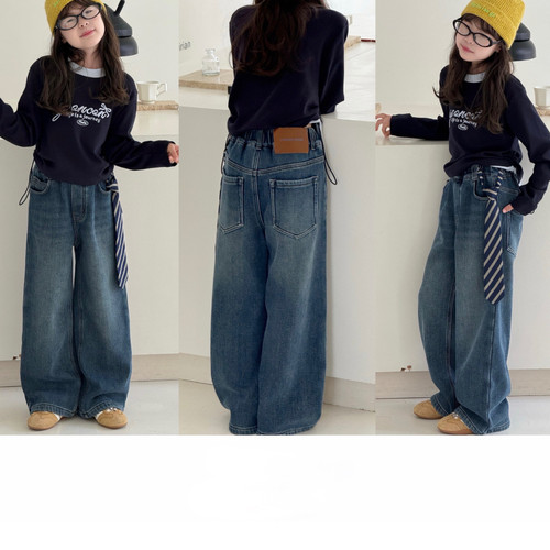 女童加绒牛仔直筒裤软一体绒