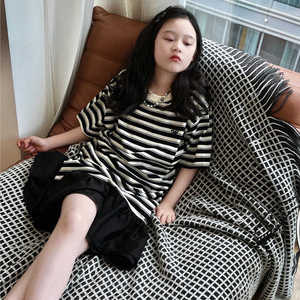 美妞之城 女童宽松条纹拼接连衣裙中大童裙子2024夏季新款童装