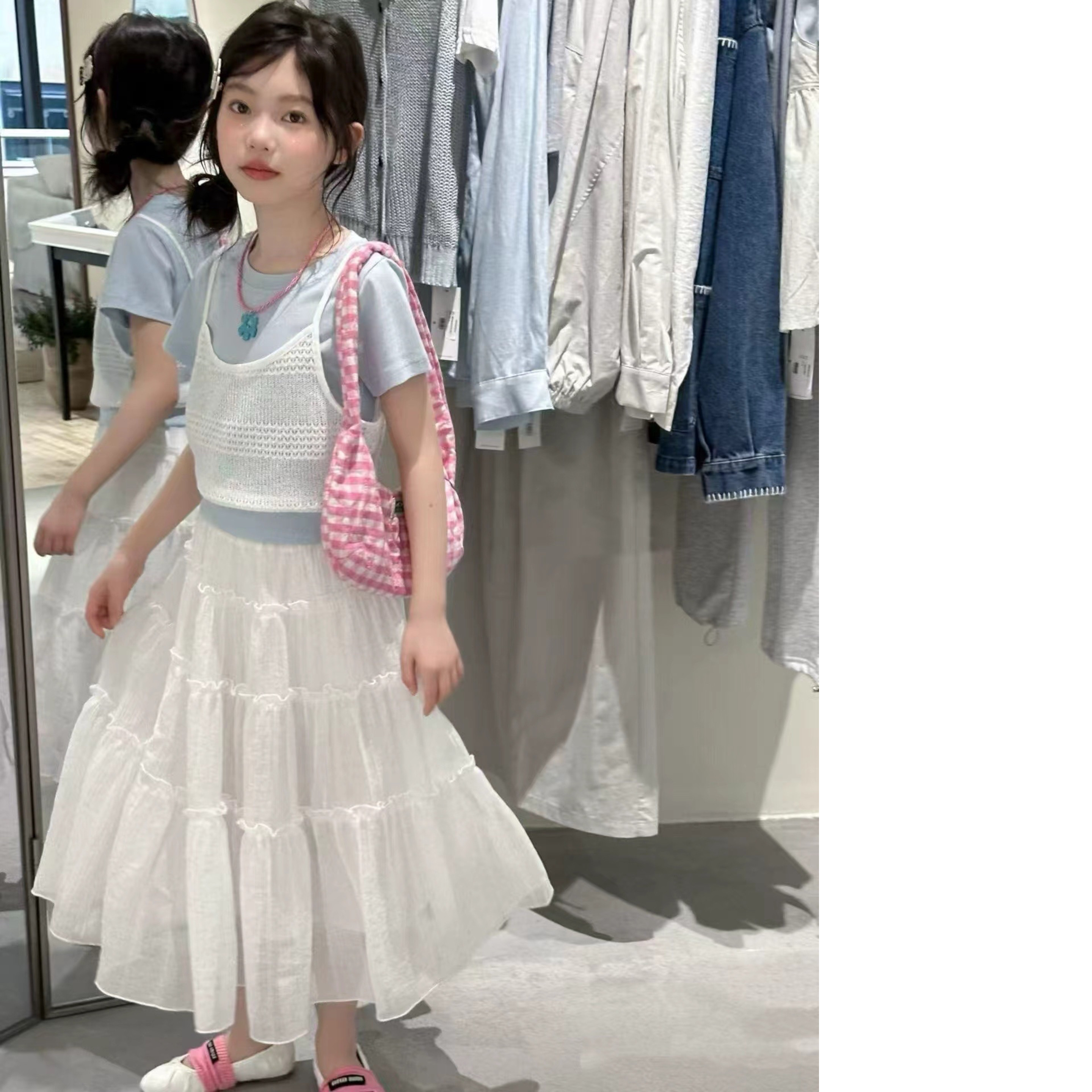 美妞之城 女童洋气好看夏季连衣裙套装 中大童上衣2026新款童装