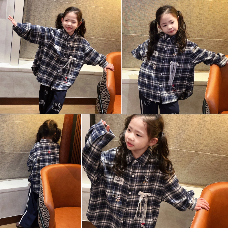 美妞之城女童宽松大版磨毛格子衬衫打底中大童2025秋冬新款童装