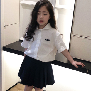 美妞之城女童花边领短袖白色衬衫中大童学院风气质夏季童装