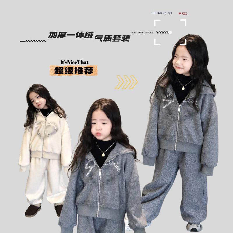 美妞之城女童加厚加绒卫衣+裤子套装中大童洋气打底2024冬季新款