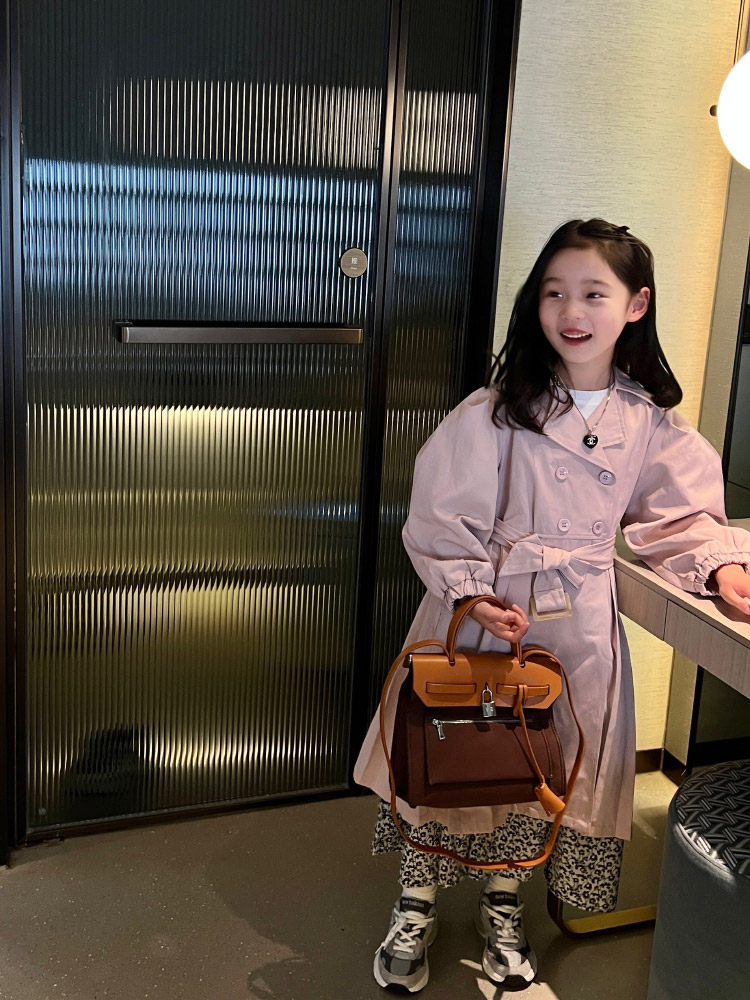 여아용 긴 윈드 재킷 서양식 더블 브레스트 봄 가을 신작 아동복 한식 중대형 아동용 핑크 러플