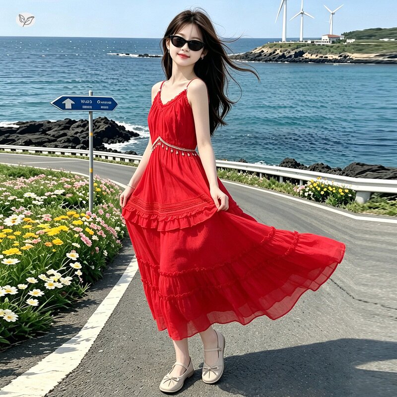 女童度假风吊带连衣裙2026夏季新款中大童红色花边长裙儿童沙滩裙