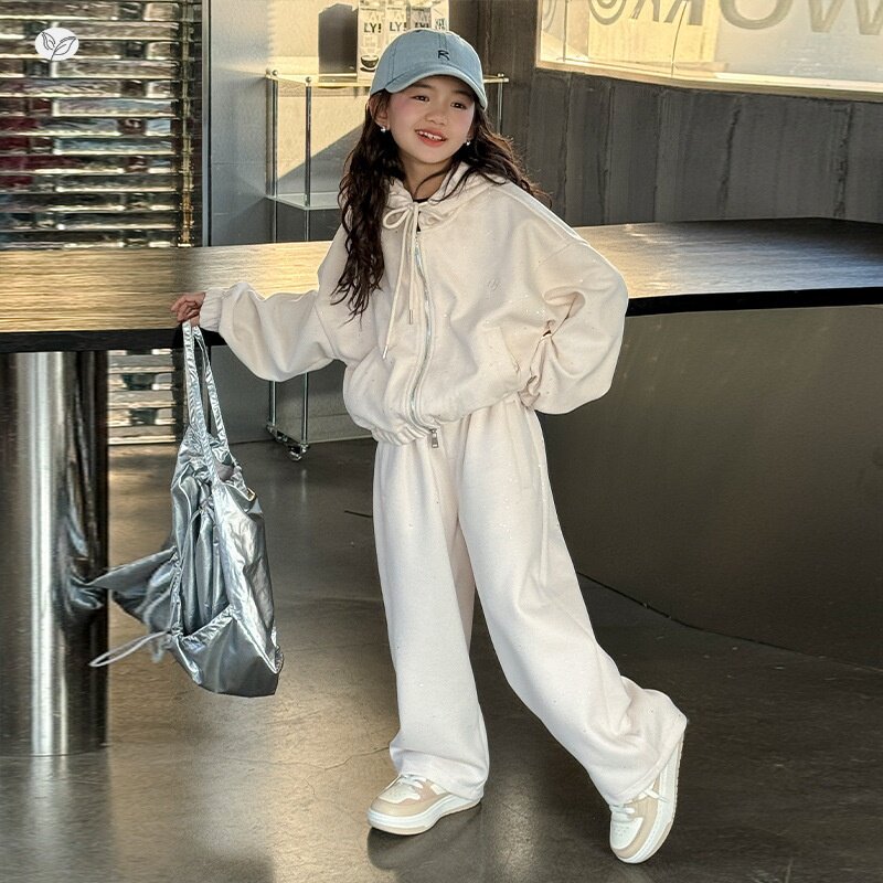 女童运动套装2026新款秋装中大儿童装针织连帽卫衣外套休闲阔腿裤