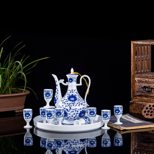 青花瓷白酒杯套装家用景德镇陶瓷酒具中式仿古酒壶黄烈酒杯小酒盅