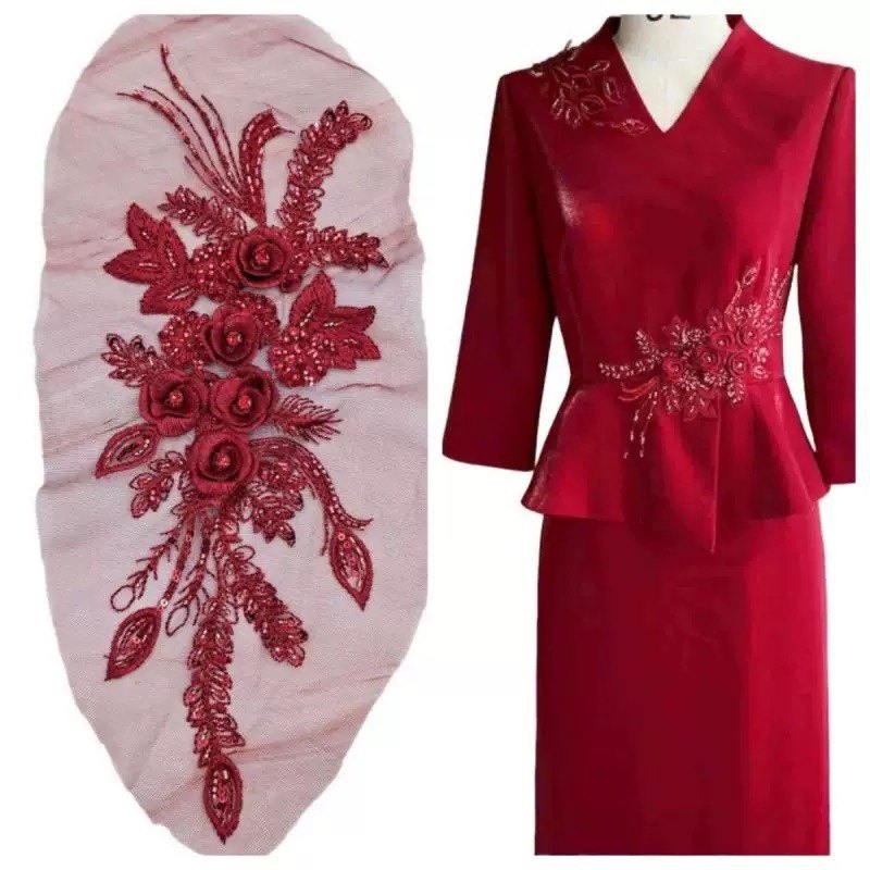 刺绣酒红布贴花饰32*12厘米钉珠亮片镶钻手工DIY服装旗袍汉服辅料,居家布艺,布贴,淘宝优惠券,粉丝福利购,淘宝优惠卷
