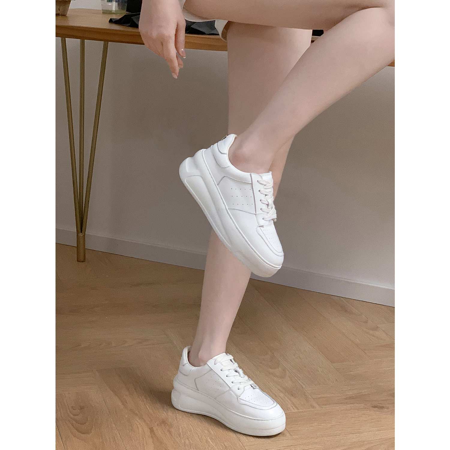 【benefanfan】增高7cm超厚底系带休闲鞋里外全皮小白鞋