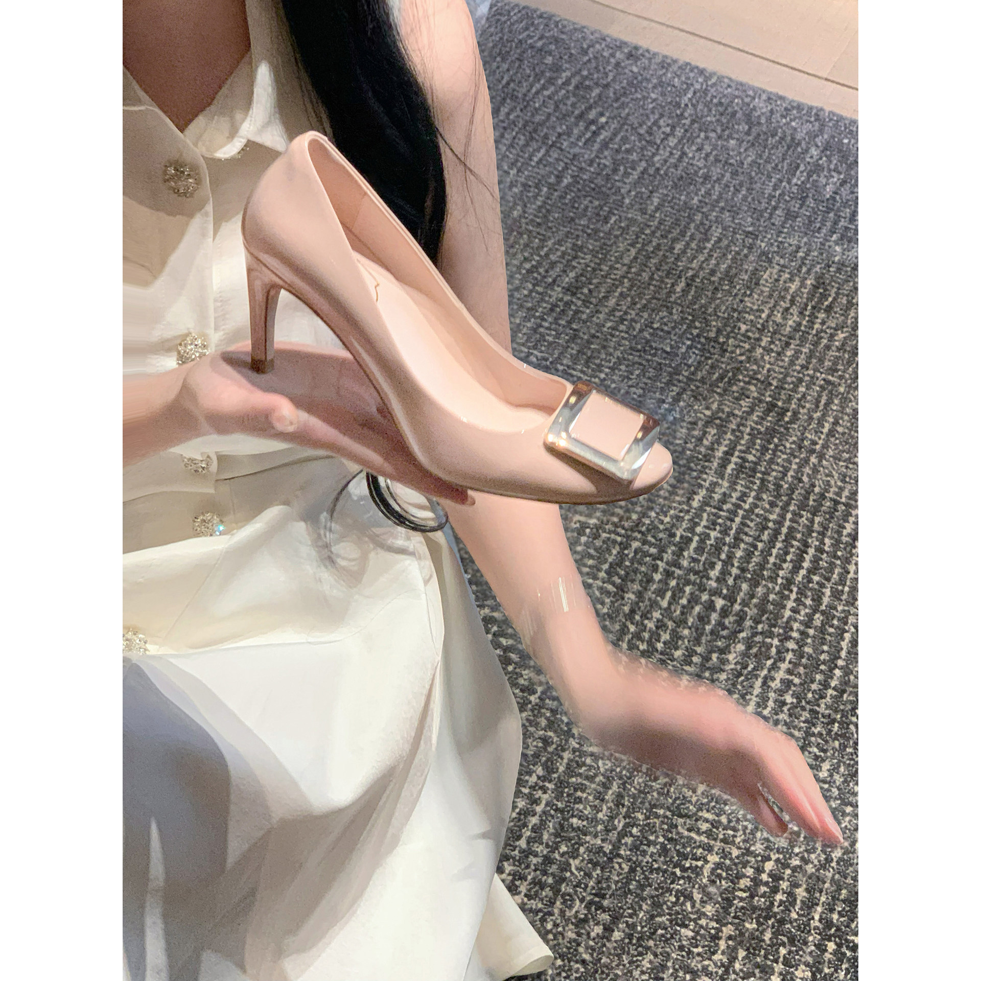 【benefanfan】春季新品方扣温柔风真皮鞋底高跟鞋气质单鞋