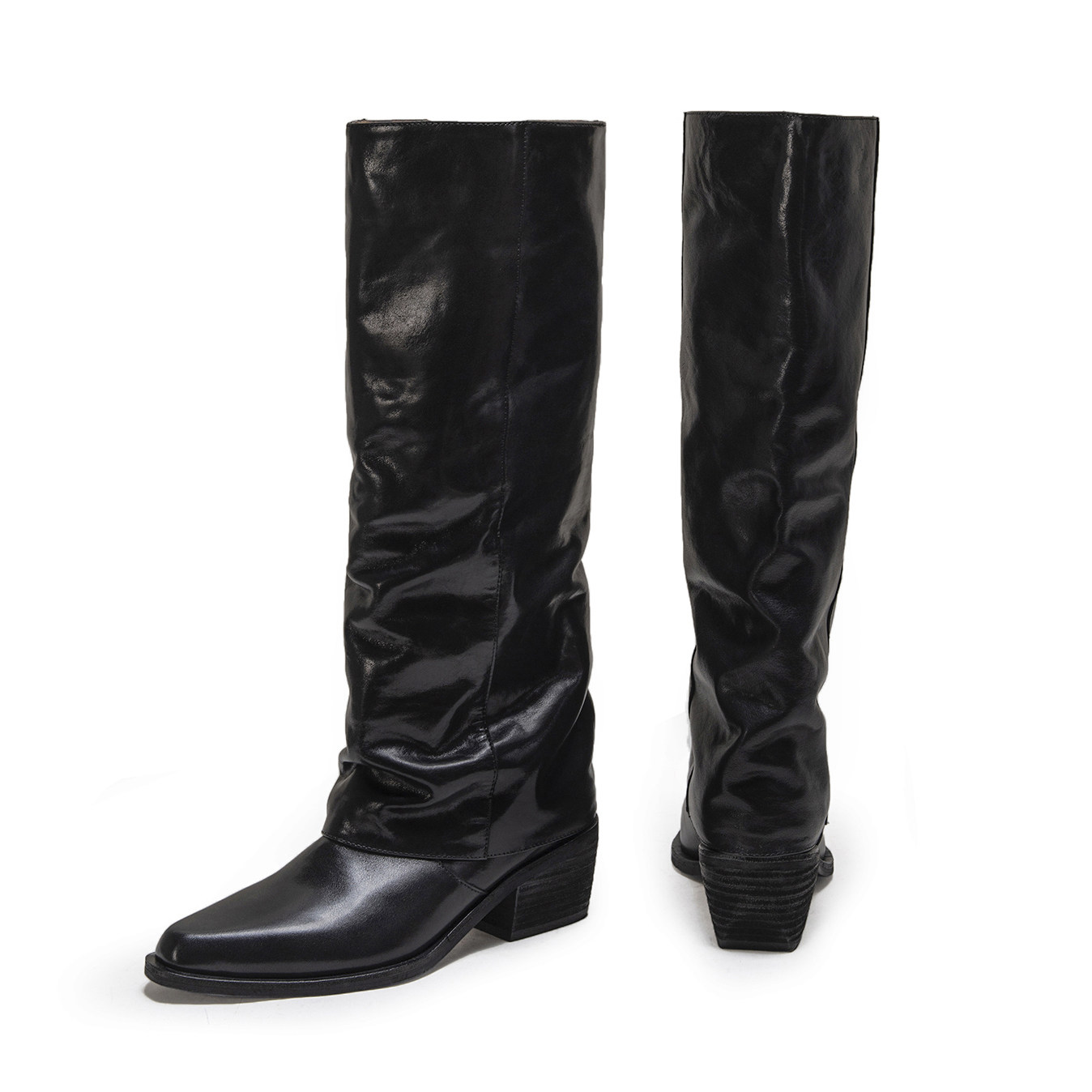 【benefanfan】尖头高跟靴子女高级感方头黑色真皮粗跟裤靴显腿长