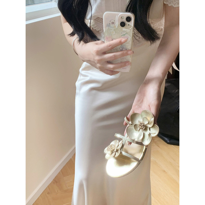 【benefanfan】兰花系列花花拖鞋真皮底平底凉鞋夏季