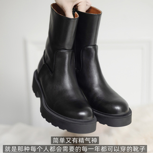 2025新款 row风 YB开发短靴女厚底圆头真皮黑色靴子 benefanfan
