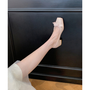 【benefanfan】龙心同款蝴蝶结粗跟芭蕾舞鞋真皮底套包中跟单鞋女