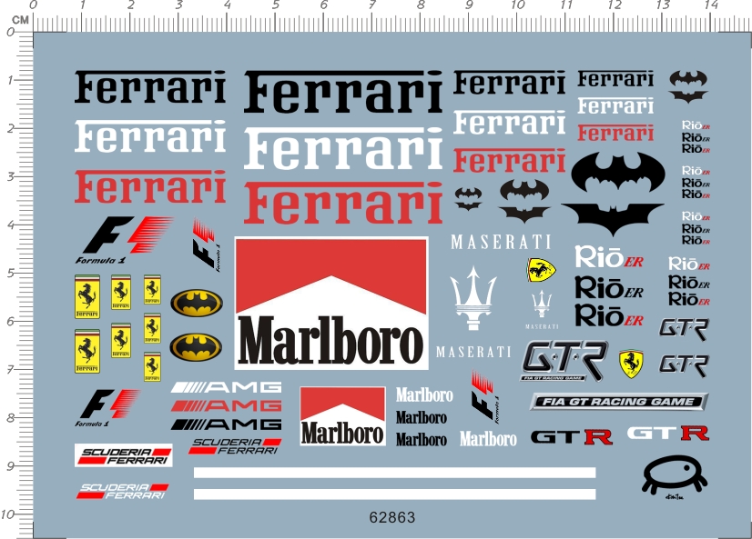 1/32 gtr 四驱车奥迪雷鹰法拉利万宝路蝙蝠侠水贴纸 62863
10*14