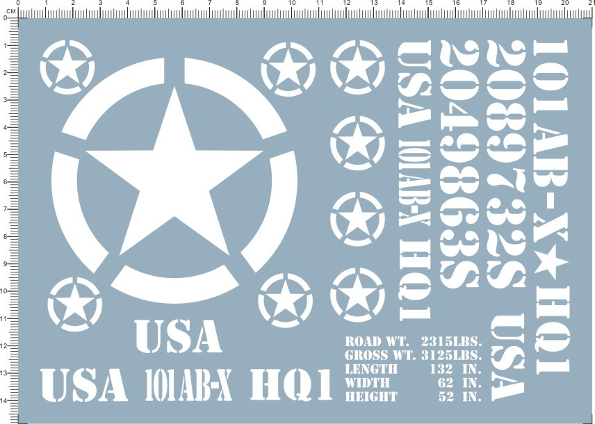 1/10 1/16 USA 101 AB-X HQ1 2049863S美军星标吉普水贴 5199黑白