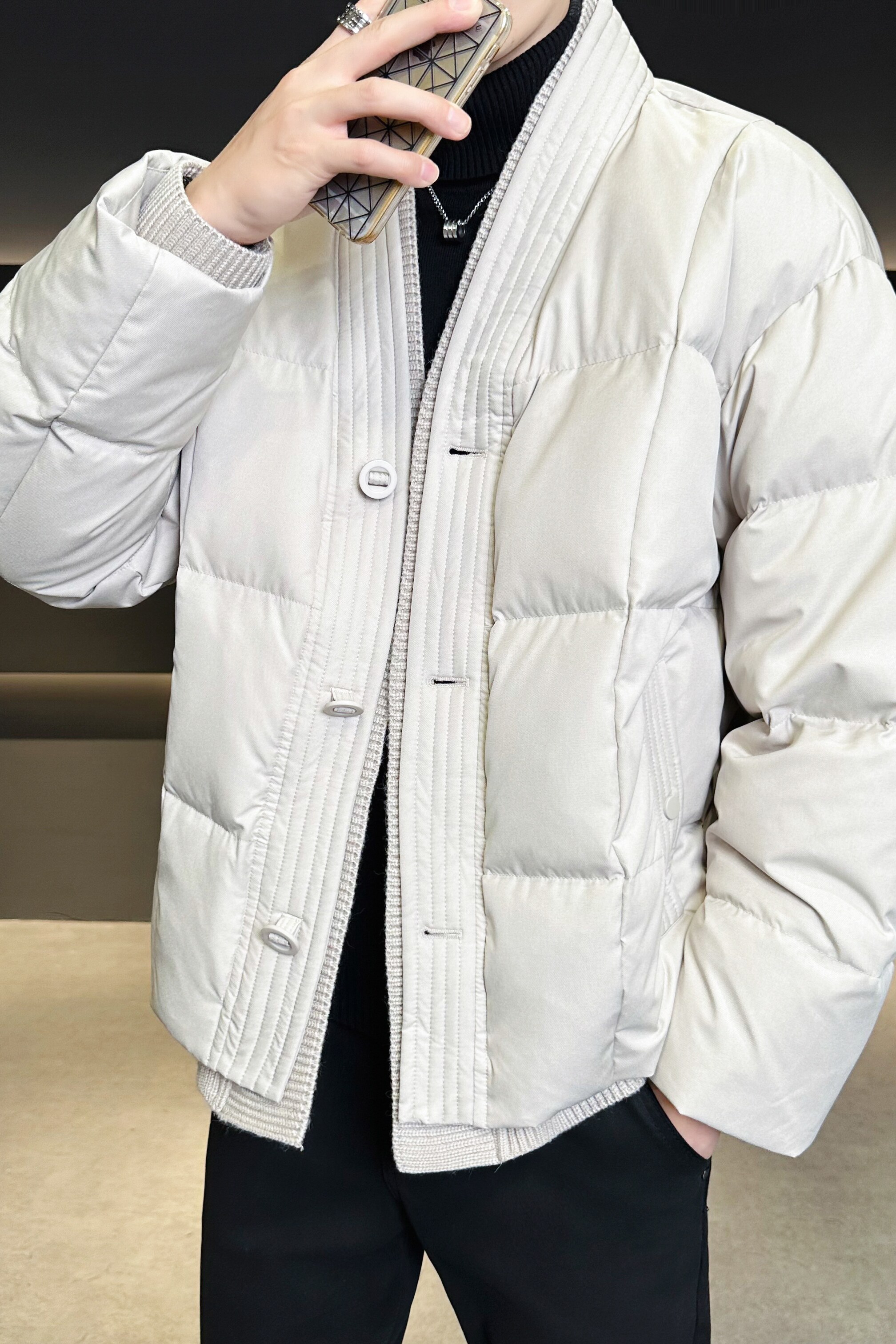 V领新中式羽绒服假两件毛线拼接加厚冬装QT6016-25118P400控699,男装羽绒服,电商D203(原钱塘6011)