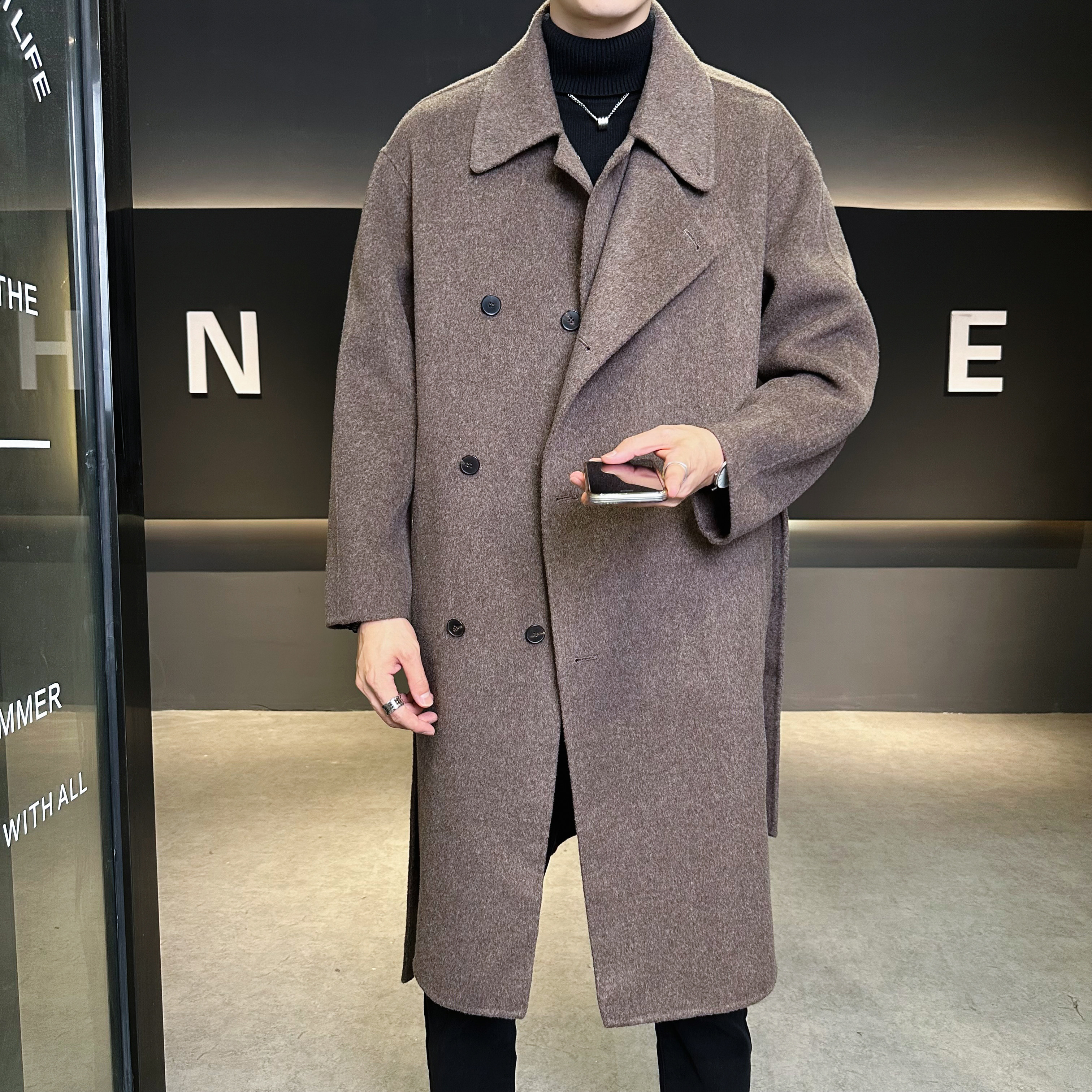 黑灰全羊毛双层领长款羊毛呢子大衣腰带英伦风风衣D203-9903P525,男装风衣,电商D203(原钱塘6011)