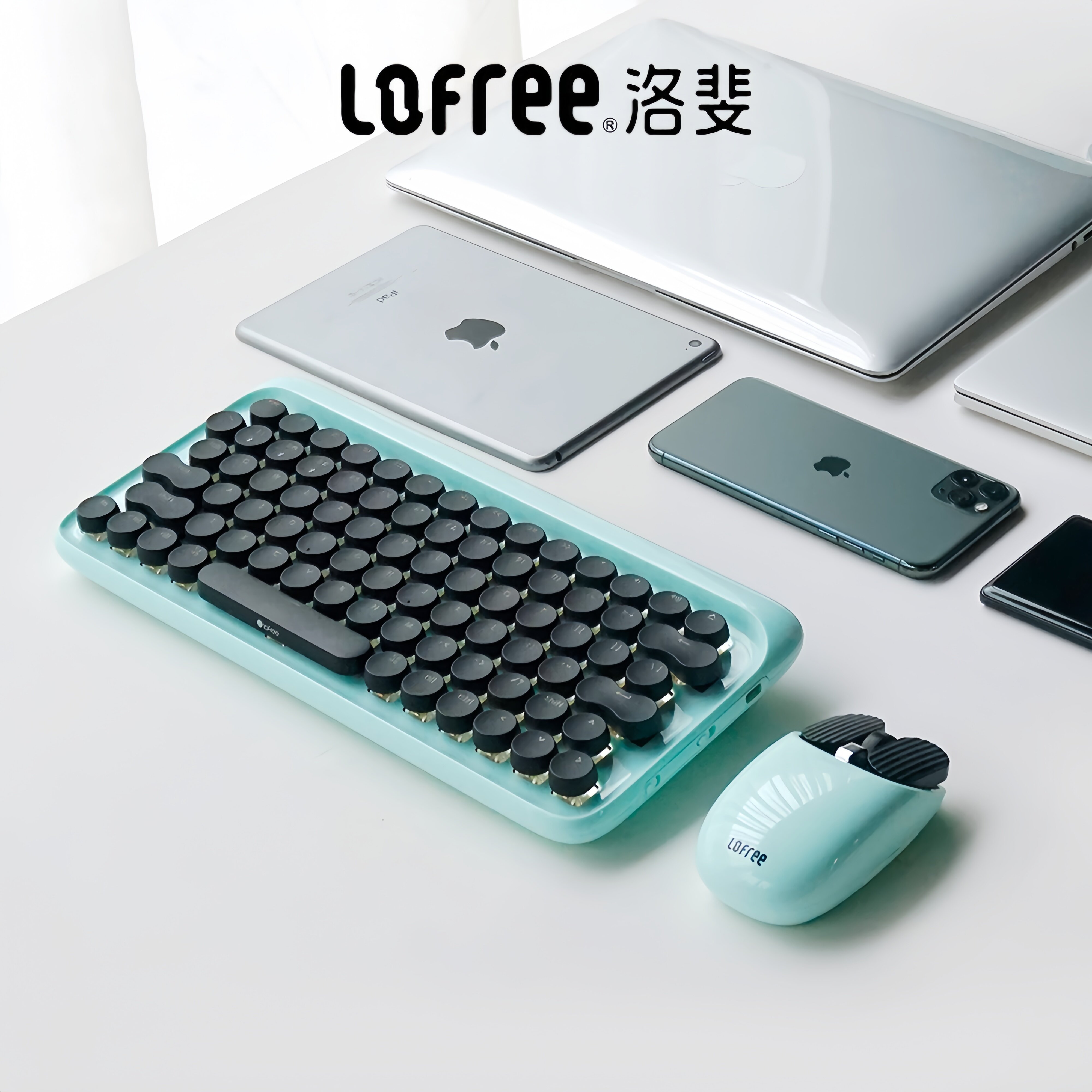 Lofree洛斐圆点无线蓝牙机械键盘蓝色鼠标套装平板电脑笔记本女生