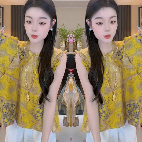 复古韵味印花宽松遮肉女士打底衫