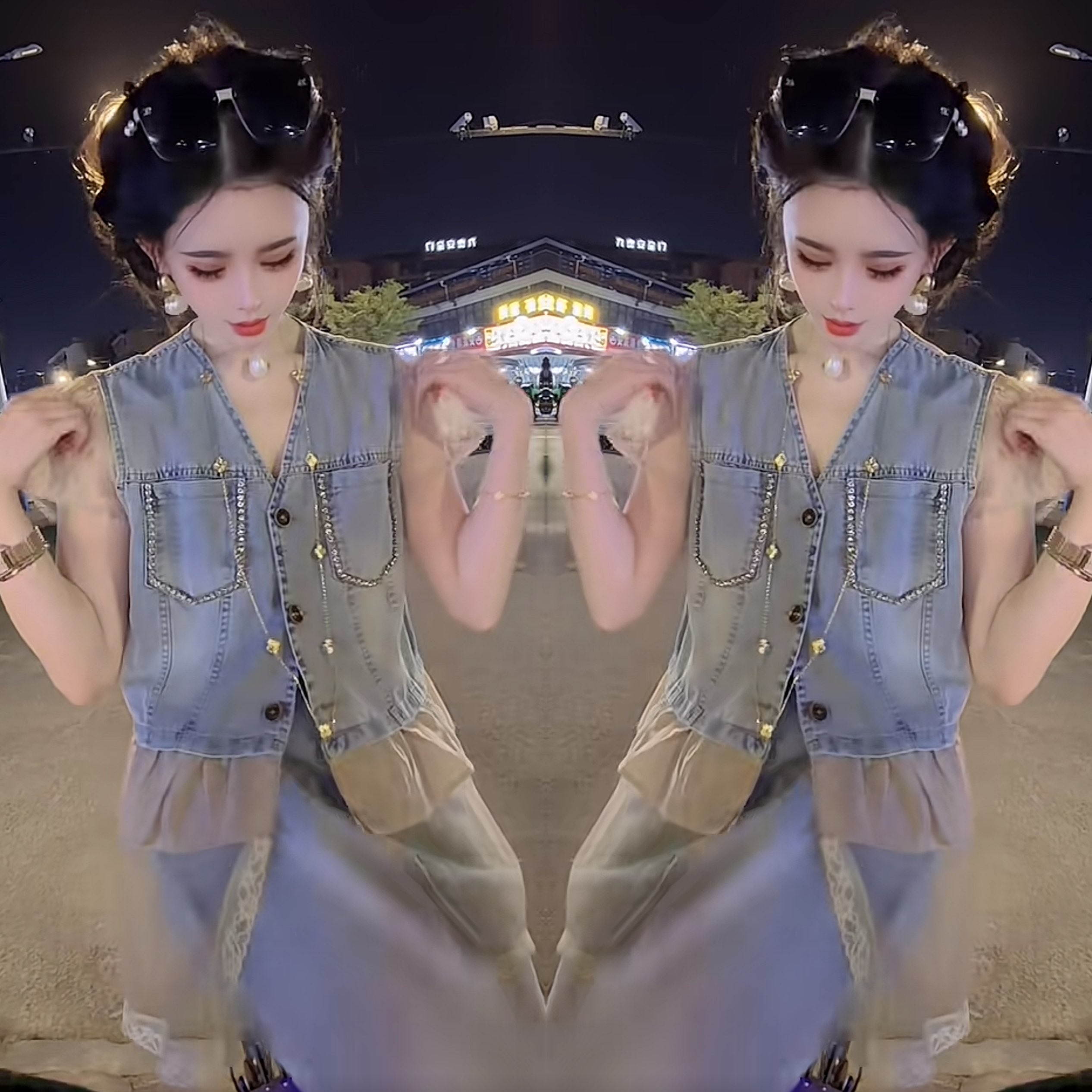 牛仔拼接蕾丝欧货两件套上衣裤子