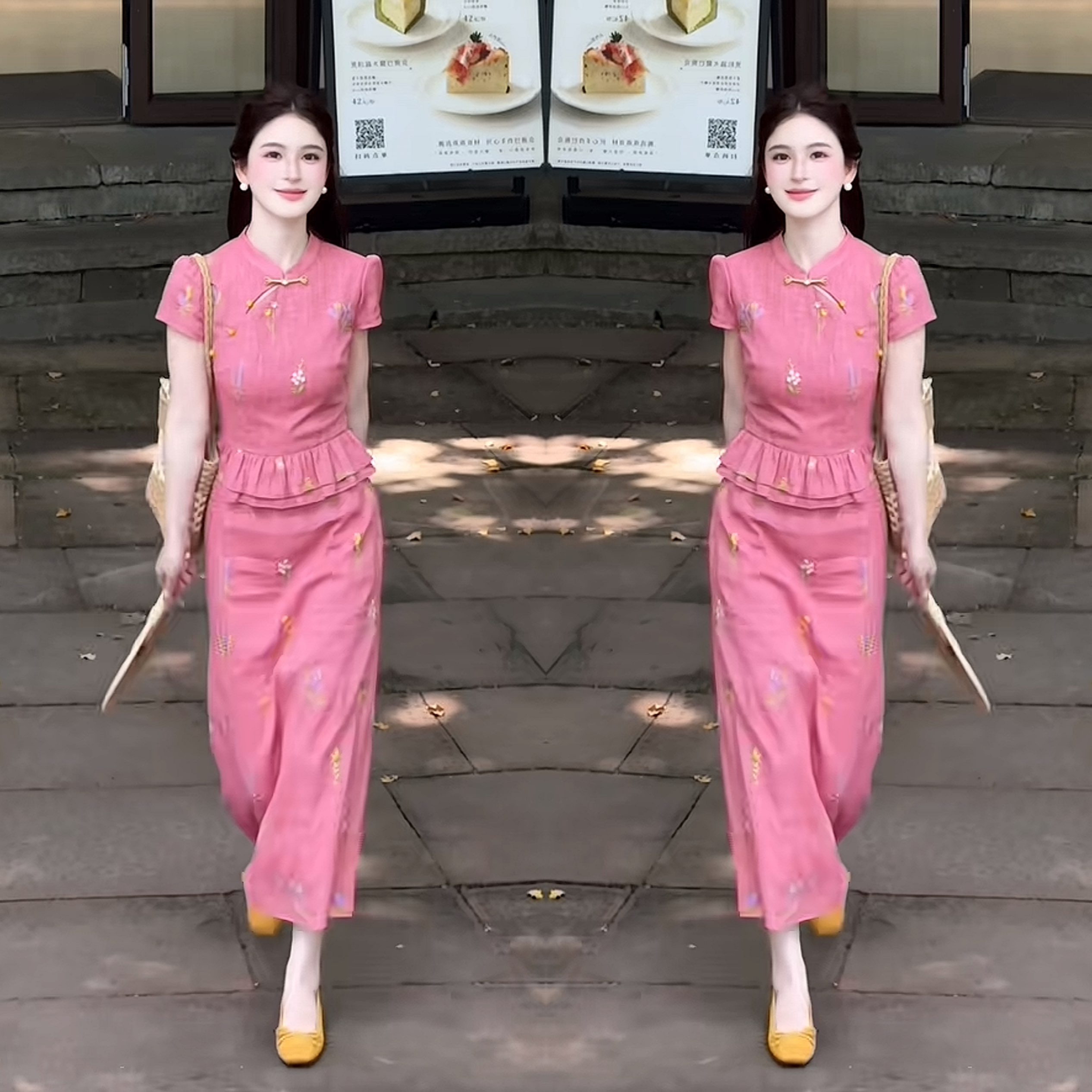 印花修身女装两件套上衣半身裙潮