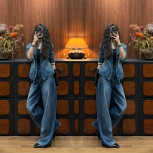网红炸街爆款时尚减龄气质牛仔轻奢复古女装秋季两件套外套阔腿裤