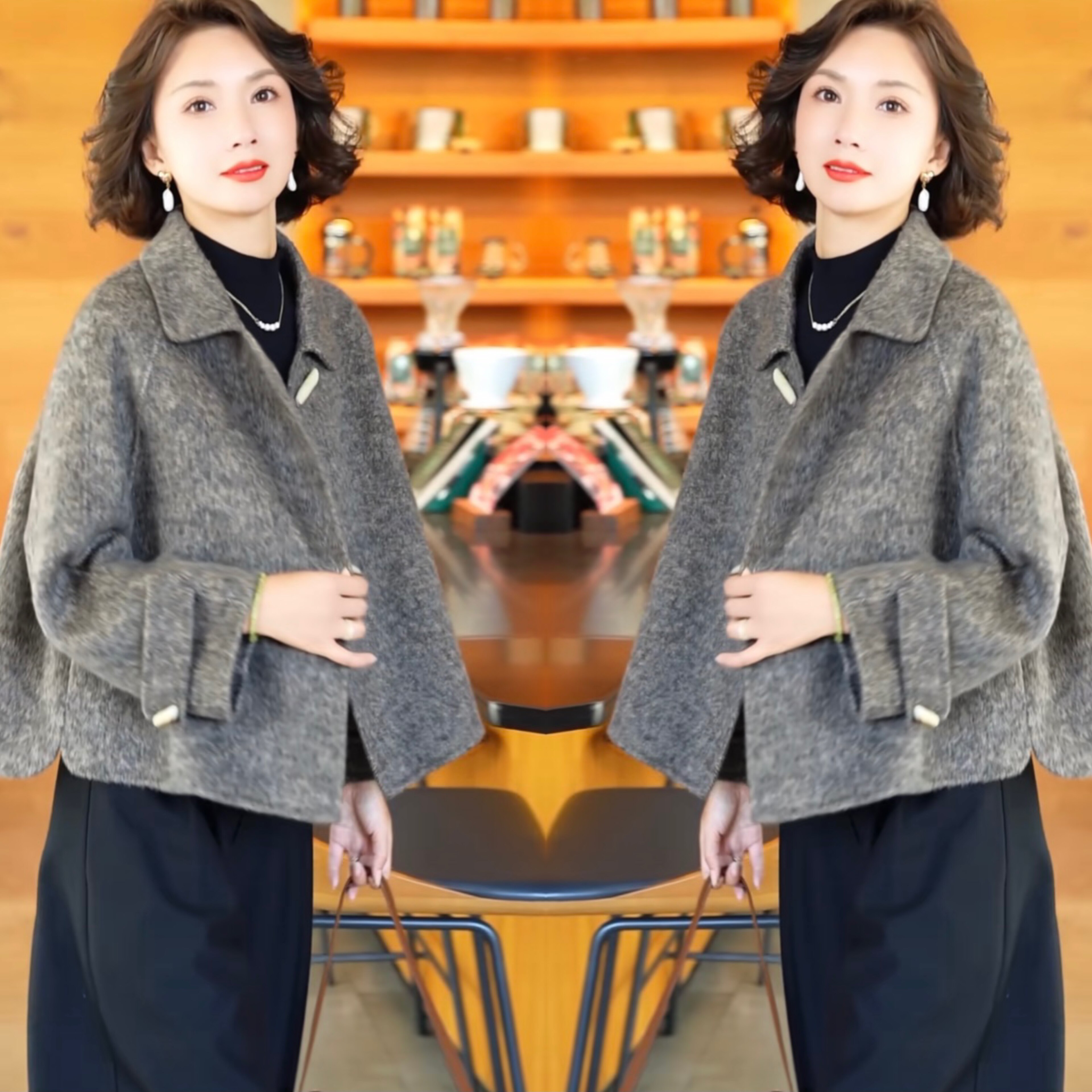 韩版潮流高级2024冬季女士高贵优雅轻奢时尚正肩翻领遮肉外套穿搭