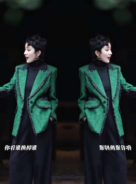 网红冬季新款炸街绿色酷飒黑色木耳边翻领垂感西服外套职场风穿搭