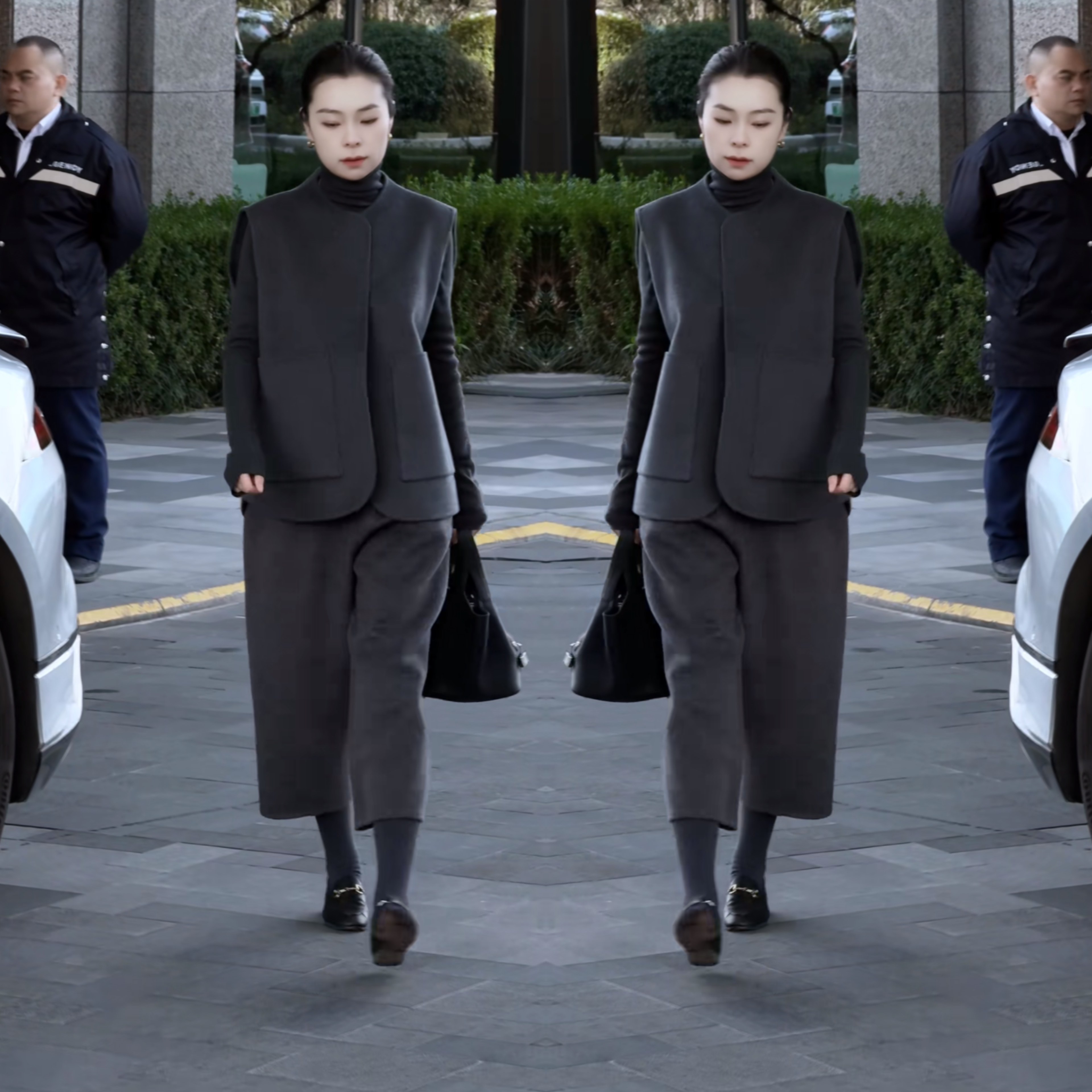 韩系潮流净版简约灰色宽松遮肉短款马甲搭配直筒七分裤修身打底衫