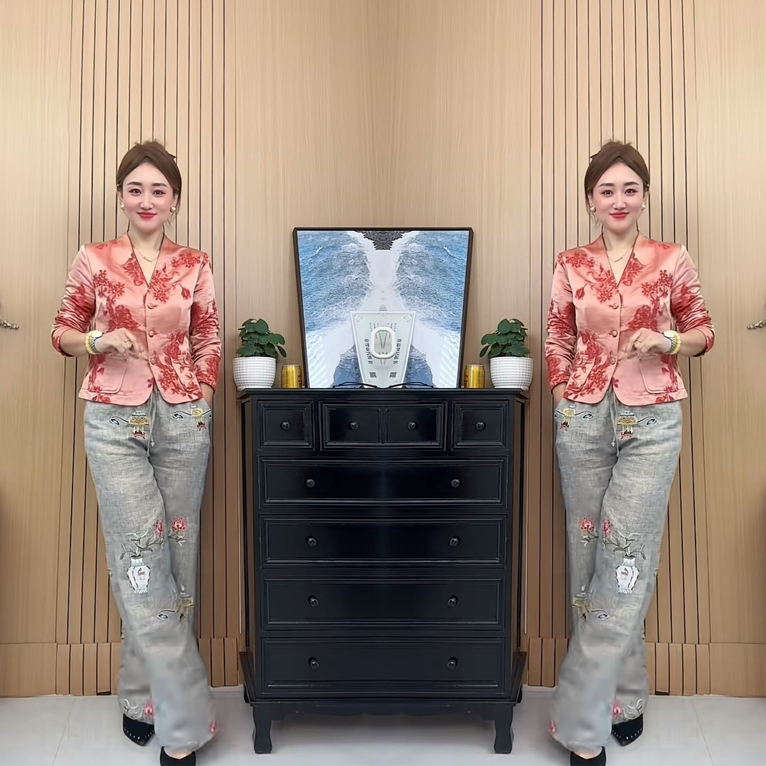 女装刺绣重工外套搭配高腰阔腿裤