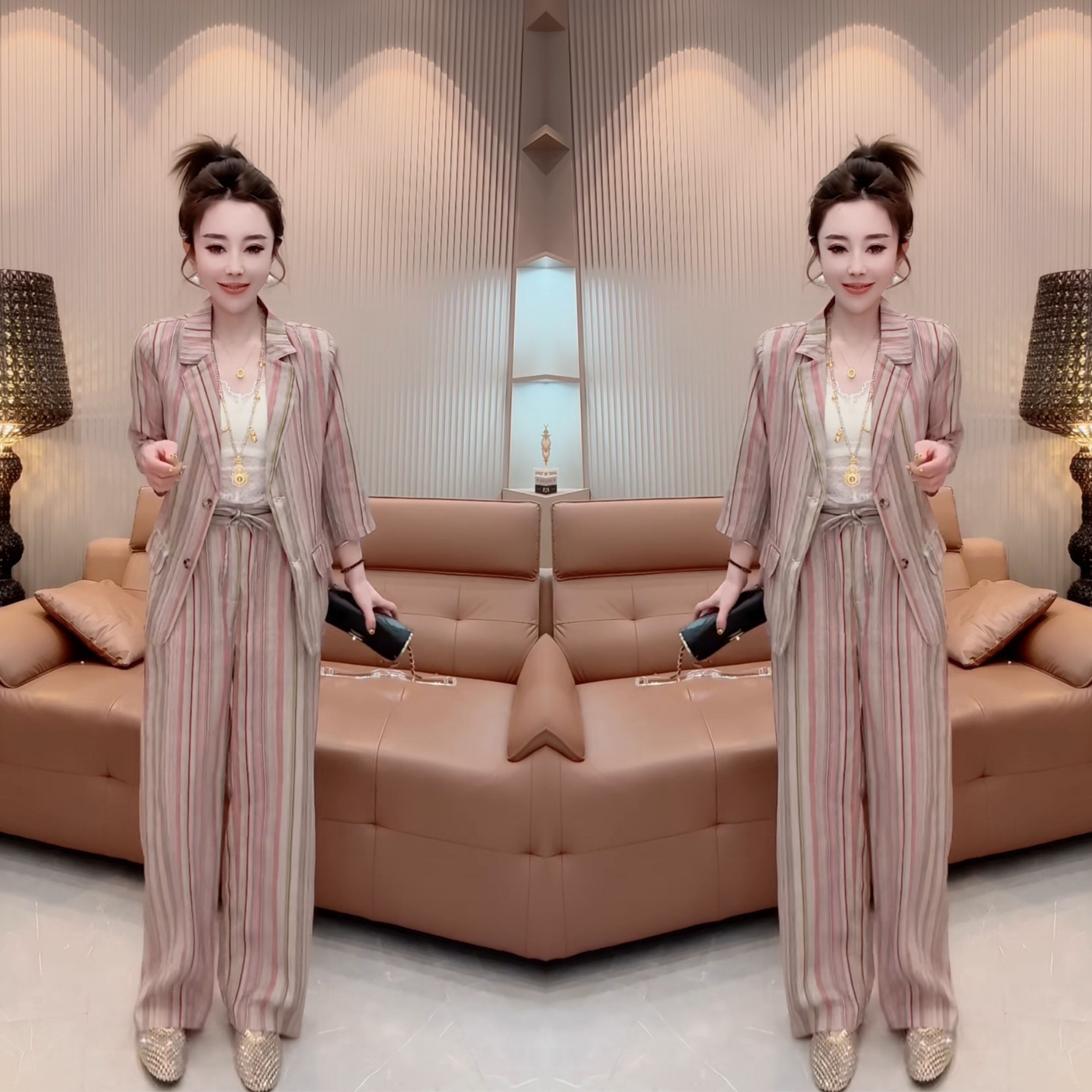 条纹设计感翻领西装外套搭配裤子