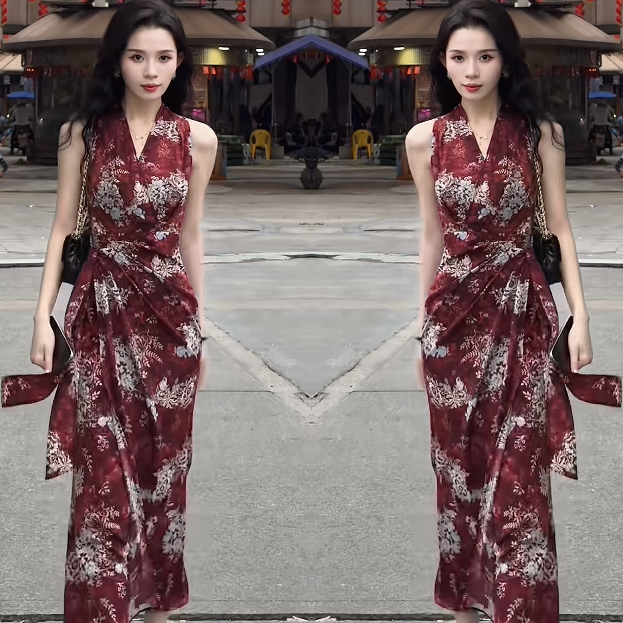 印花长款无袖遮肉女神范连衣裙潮