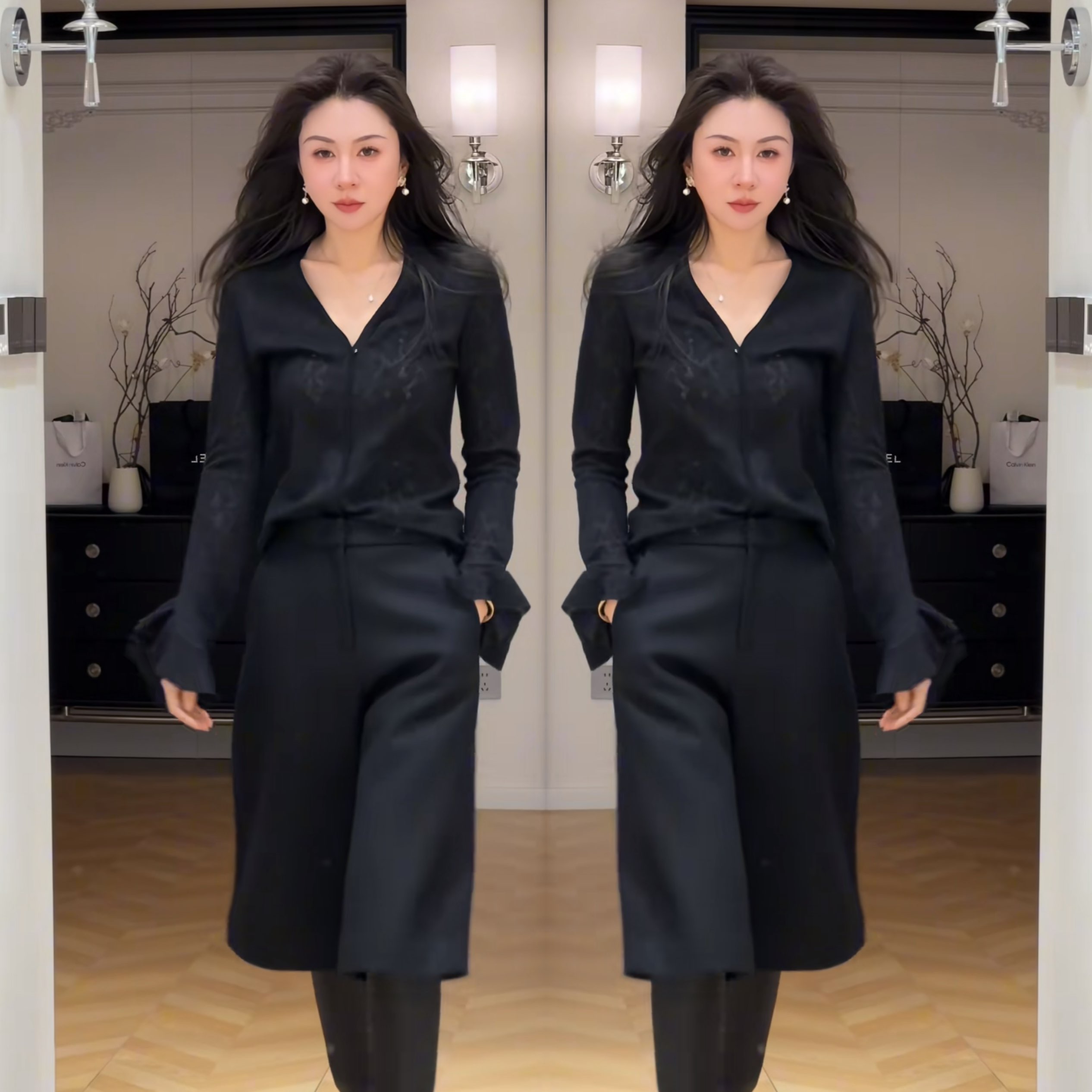 女装黑色欧货秋季长袖上衣搭裤子