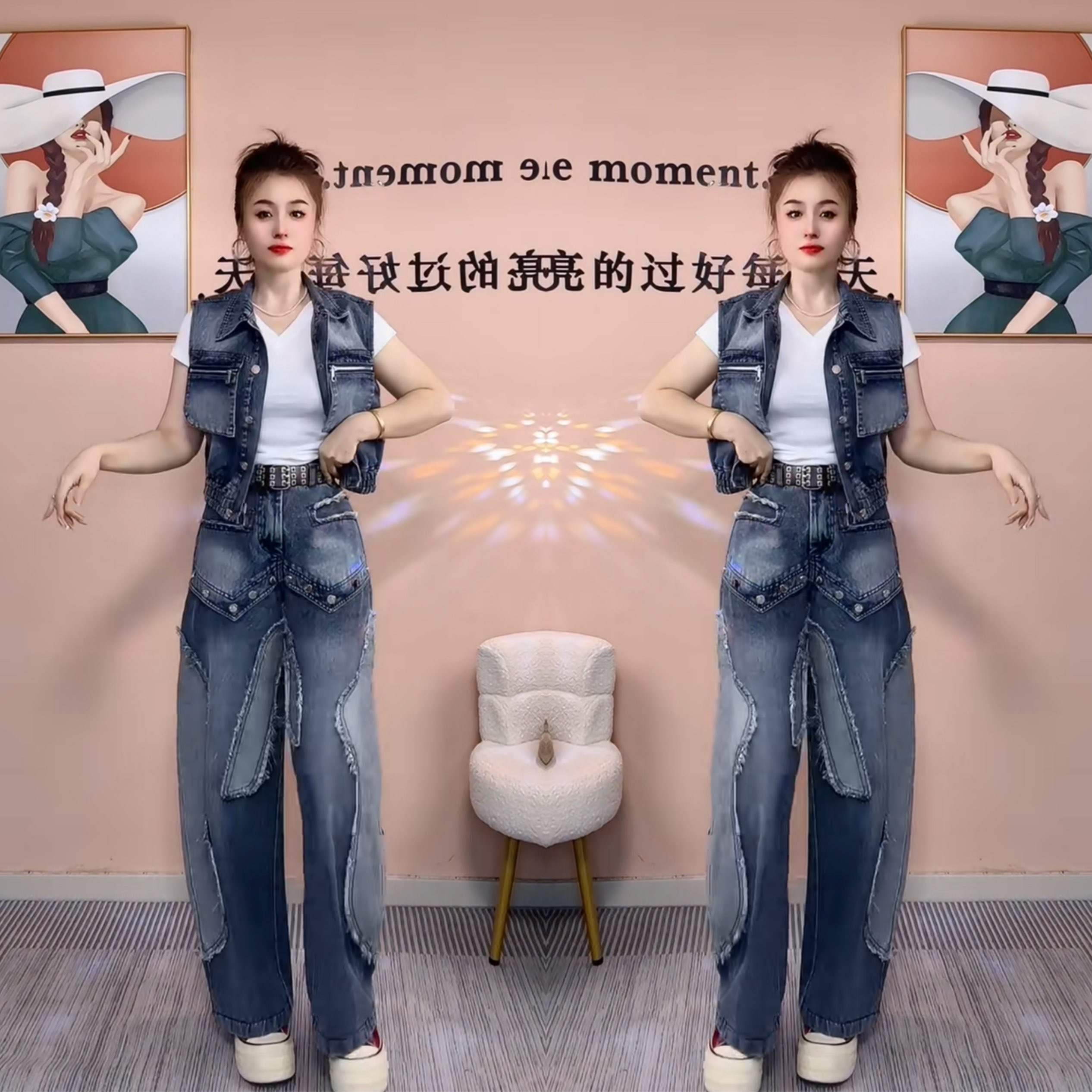 翻领无袖马甲搭配高腰阔腿裤子潮