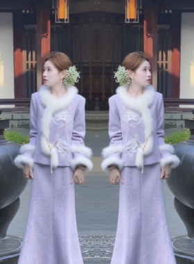 网红爆款炸街2025冬季紫色毛领刺绣工艺甜美外套搭配垂感半身裙女