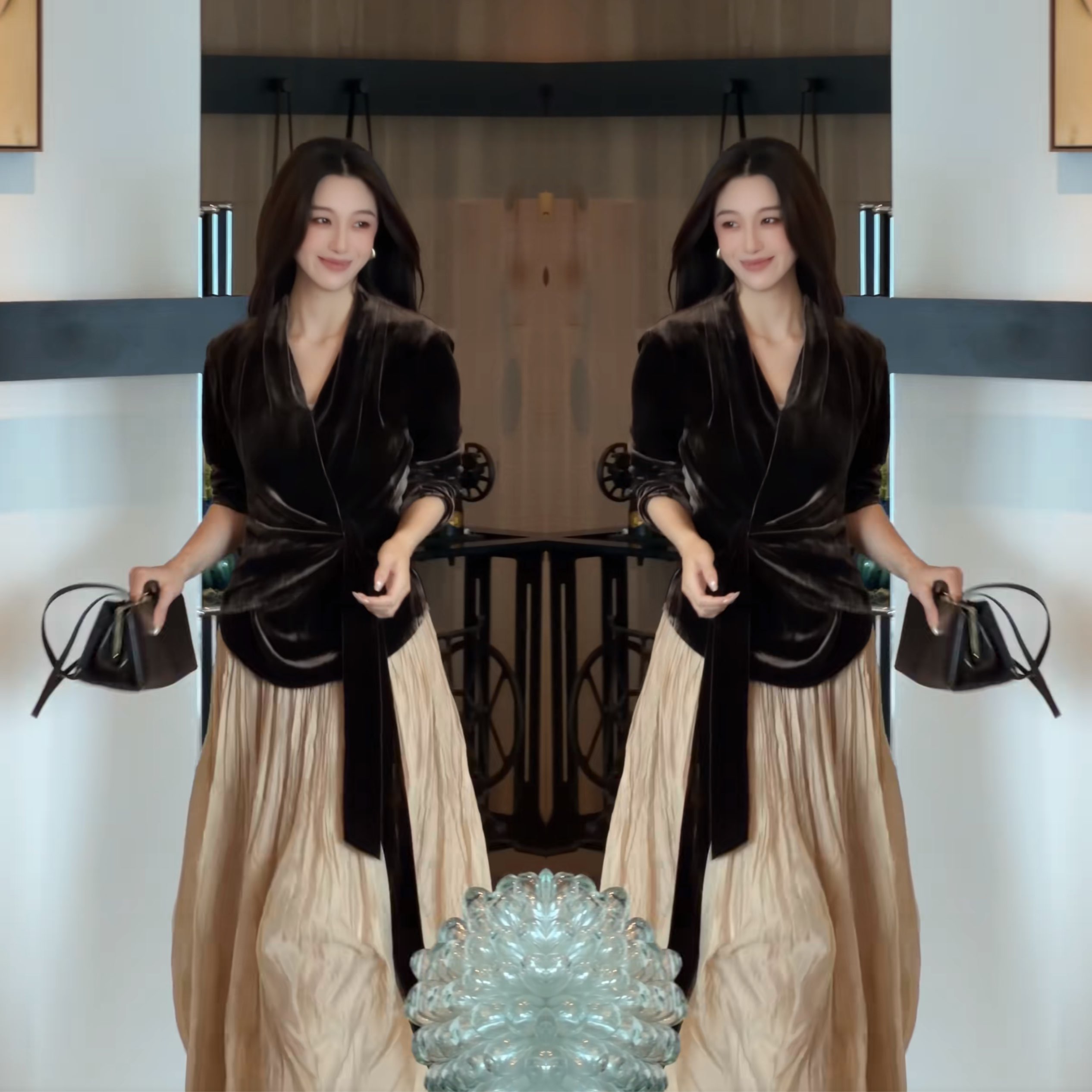 收腰丝绒显瘦上衣搭配半身裙潮