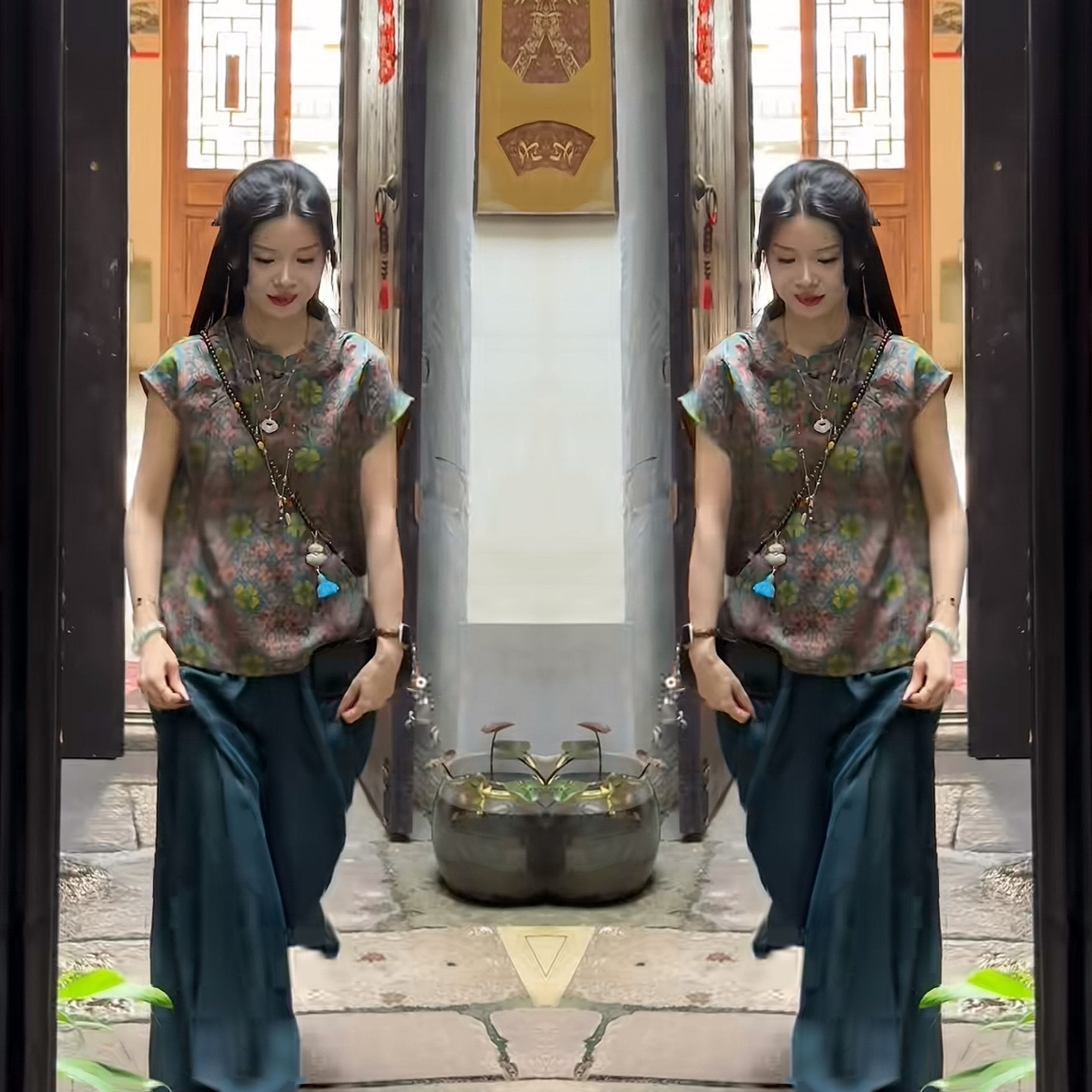 优雅精致印花女装两件套上衣裤子