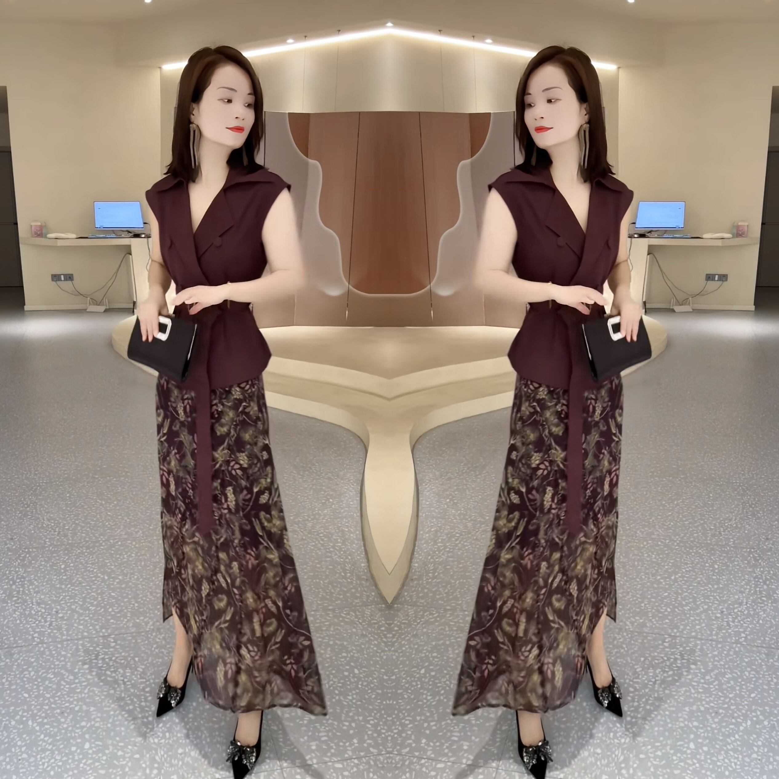 纯色收腰无袖马甲搭配印花裙子