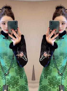 高级感重工绿色气质刺绣毛边设计感盘扣文艺复古马甲连衣裙网红潮