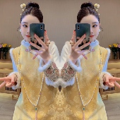 网红冬季 新中式 黄色清新毛毛边旗袍设计感连衣裙搭配刺绣重工打底