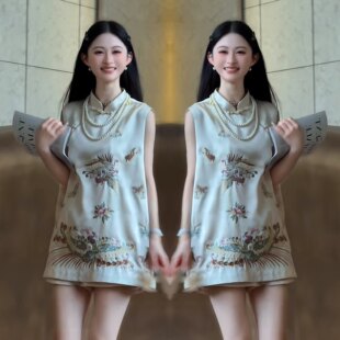 新中式高端大气时尚夏季新款女神范无袖宽松刺绣两件套上衣短裤女