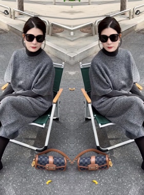 2025冬季爆款灰色净版简约洋气慵懒风上衣搭配垂感半身裙两件套女