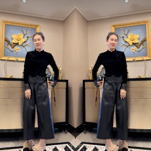 2026网红爆款黑色丝绒气质旗袍设计感上衣搭配垂感直筒裤两件套女