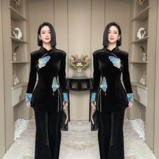 网红爆款炸街精美气质扎染蝴蝶修身旗袍丝绒显瘦上衣搭配直筒裤女