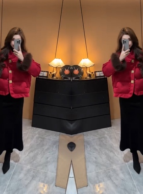 网红爆款高品质气质长袖红色大气喜庆黑色毛袖拼接外套慵懒风通勤