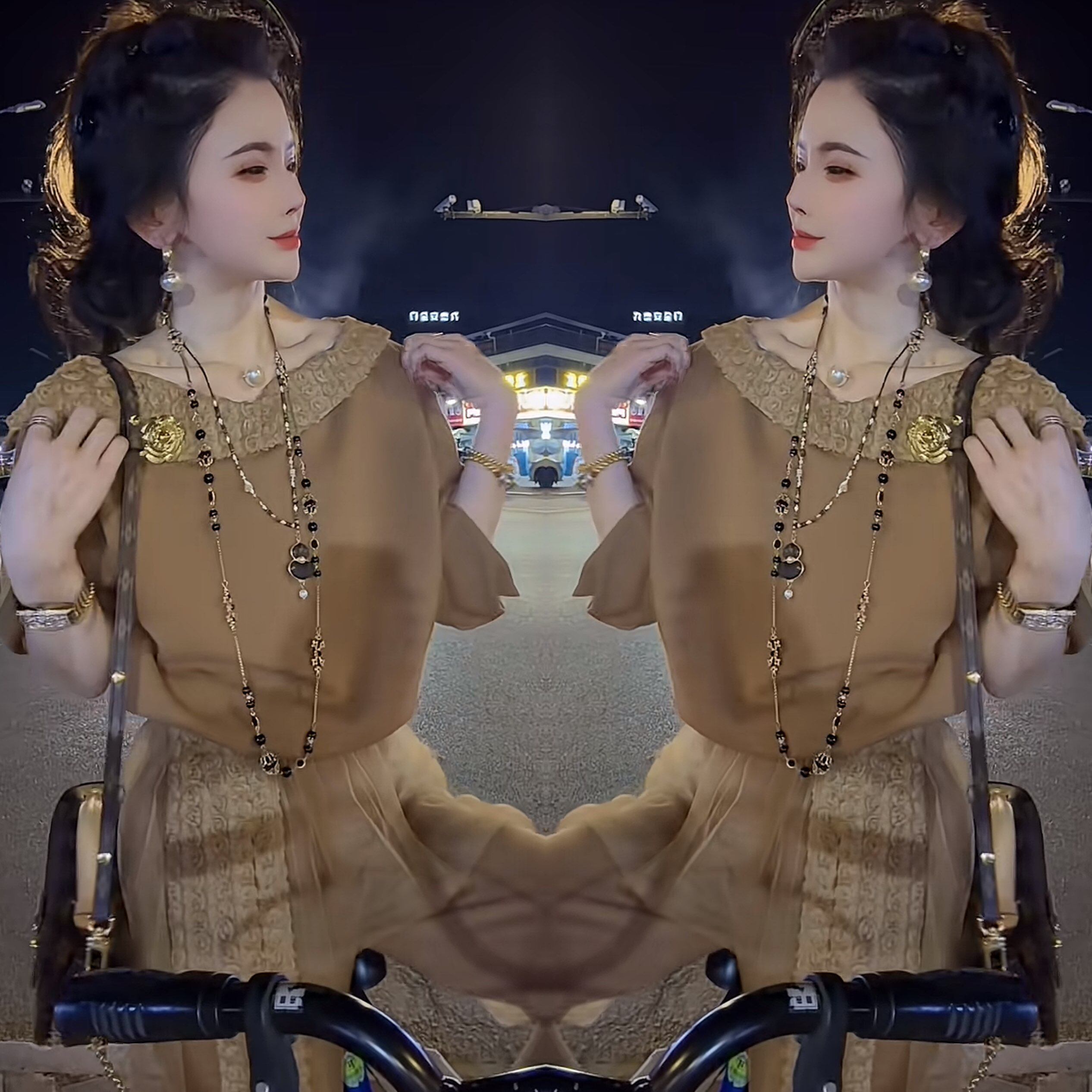 纯色洋气蕾丝拼接设计感上衣裤子