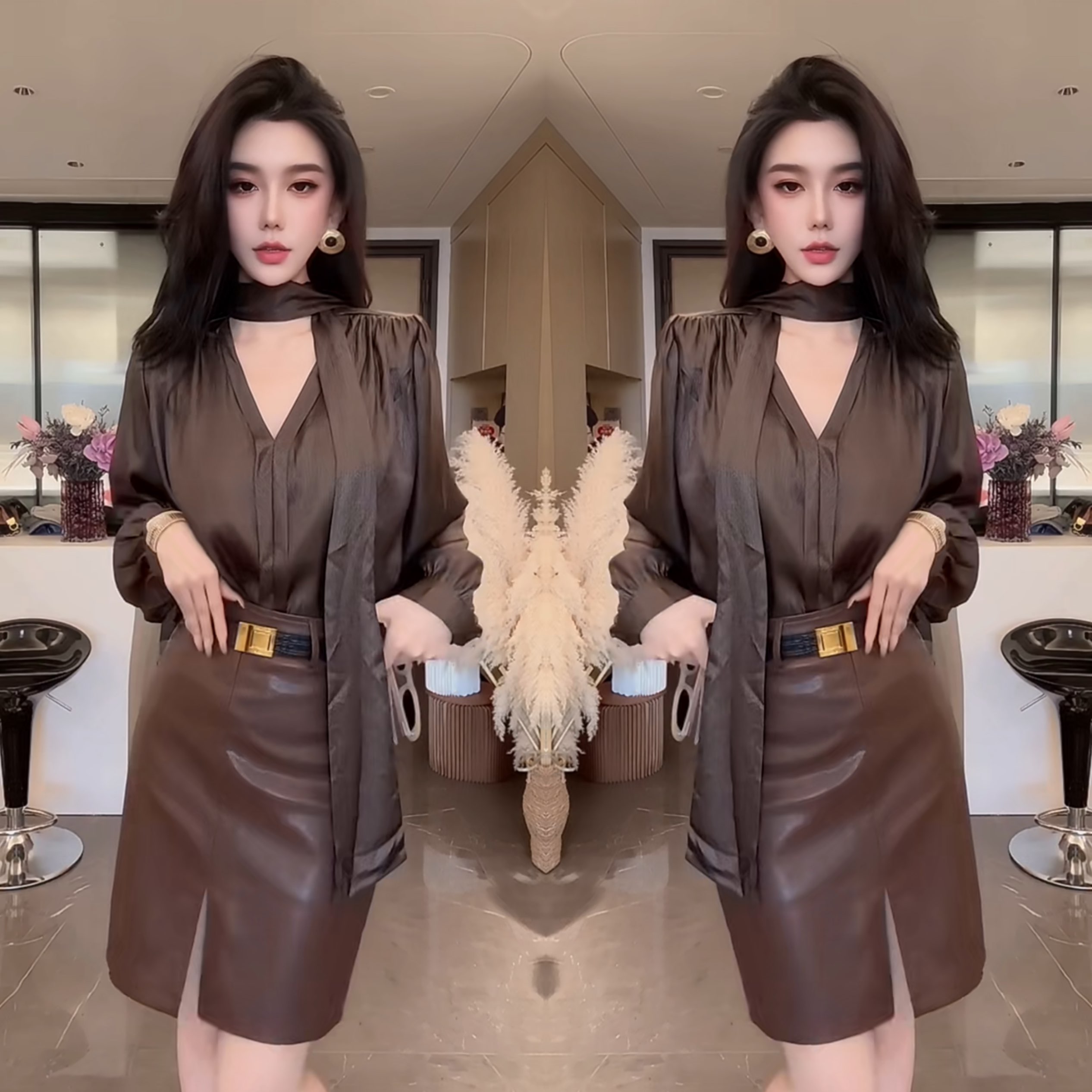 纯色显瘦法式衬衫搭配高腰短裙潮
