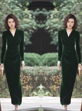 网红冬季爆款绿色高贵修身复古知性韵味垂感显瘦显白旗袍连衣裙女