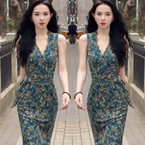 减龄碎花收腰显瘦V领长款连衣裙