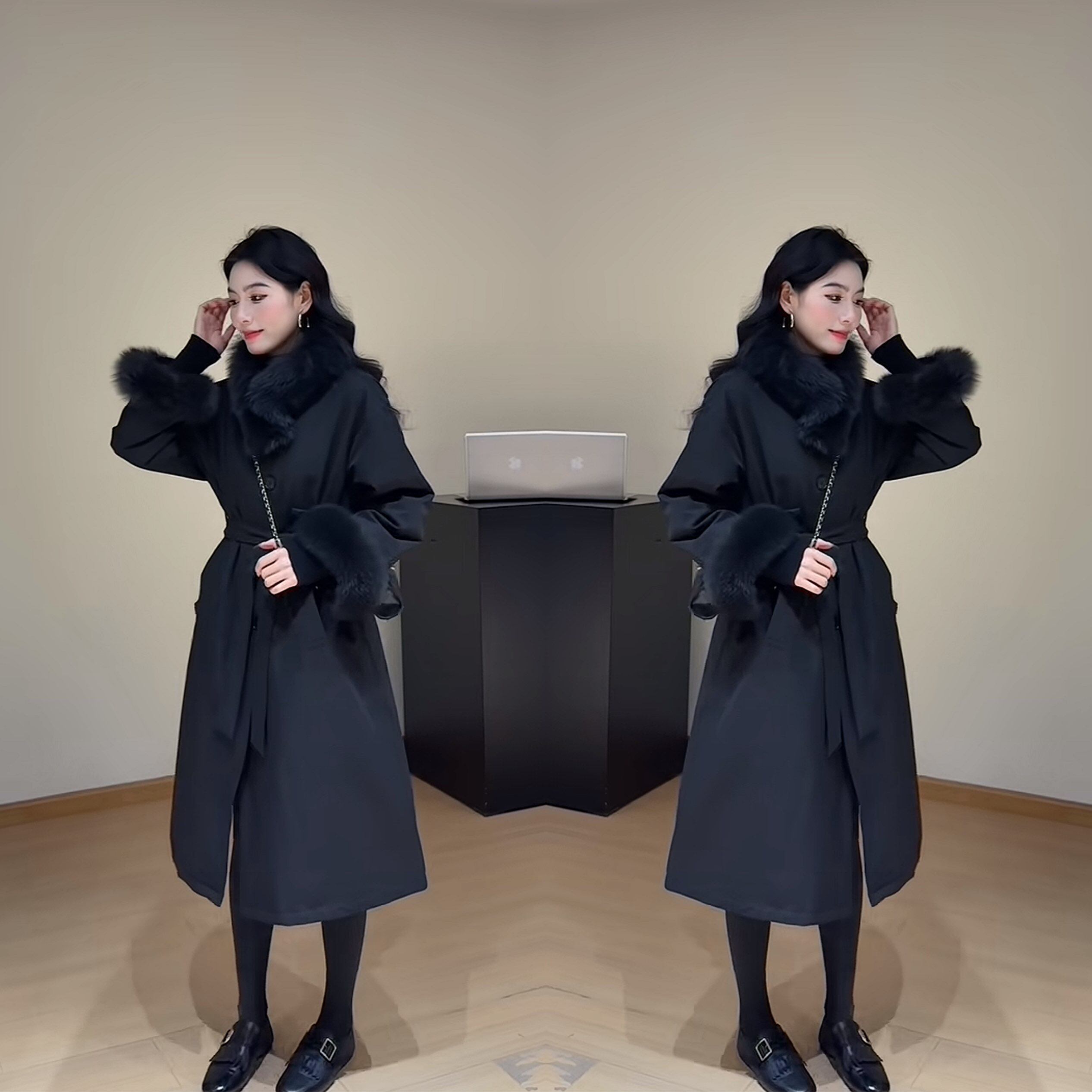 长款收腰韩版纯色保暖棉服外套潮